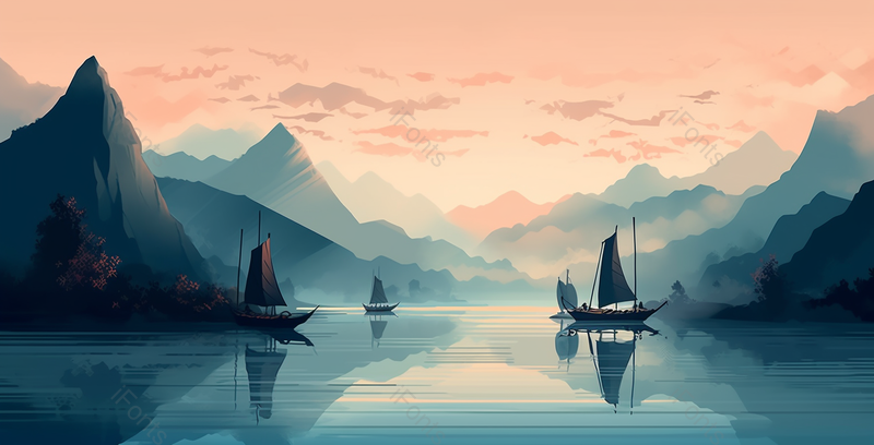 青山浮水倒影翩翩新中式蓝色水墨意境山水画,插画/手绘图,插画/手绘图库,插画/手绘图下载,插画/手绘